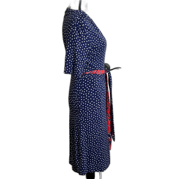 Lilly Pulitzer Navy White Polka Dot Wrap Dress Belted Medium Knee Length Modest - Picture 4 of 9